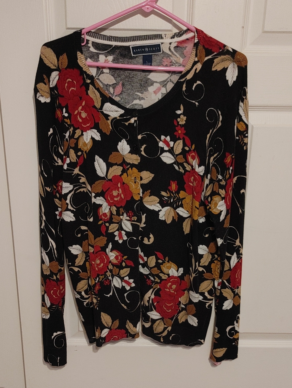 Karen Scott Black Floral Cardigan with Red and Gold Flowers